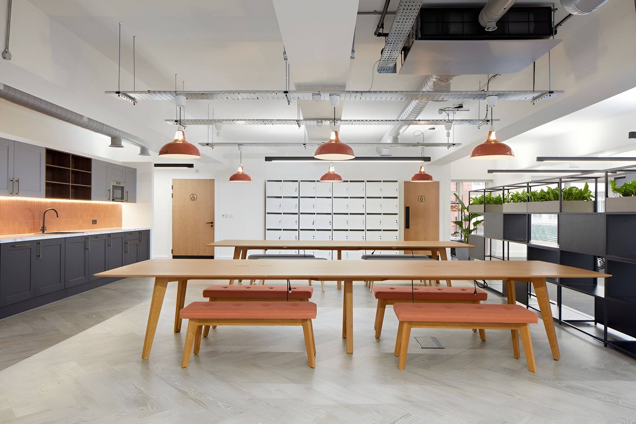 6 Large Coolicon Lampshades hang above 2 long wooden tables in a shared commercial office space. There are 4 cushioned benches per table and a green planter to divide the space from the rest of the room.