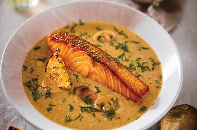 Cream of Mushroom Soup with Seared Salmon