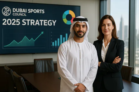 An Emirati man and a woman in a business suit stand in front of a screen showing the Dubai Sports Council 2025 Strategy and charts in a meeting room overlooking the city skyline.