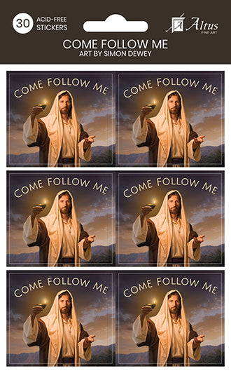 Set of stickers featuring comforting artwork of Jesus. Text on each sticker reads: "Come Follow Me". 