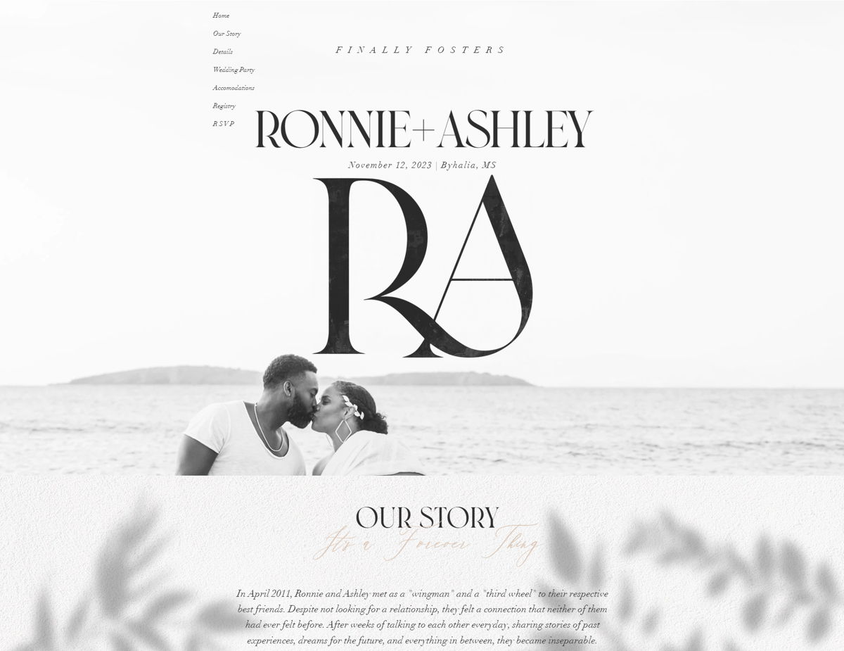 Screenshot of finally fosters, from the wedding websites collection.
