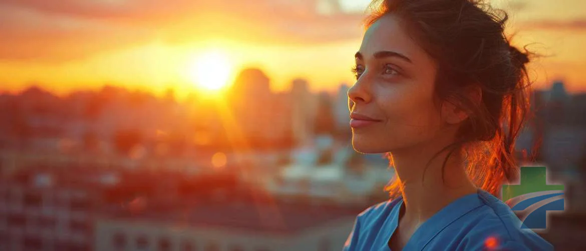 Reflective travel nurse contemplating challenges at dawn