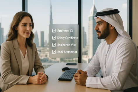 Woman and man review a digital checklist with Emirates ID, Residence Visa, Salary Certificate, Bank Statement completed. Office view of city.