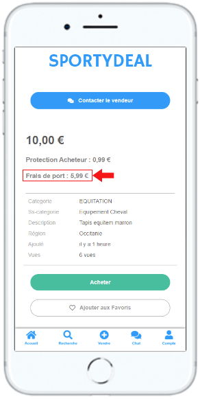 Image smartphone page d'une annonce de l'application / site web SPORTYDEAL, texte frais de port mis en évidence en euro.