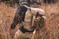 man walking through brush wearing an isle royale pack with a woodcraft axe in the axe sleeve