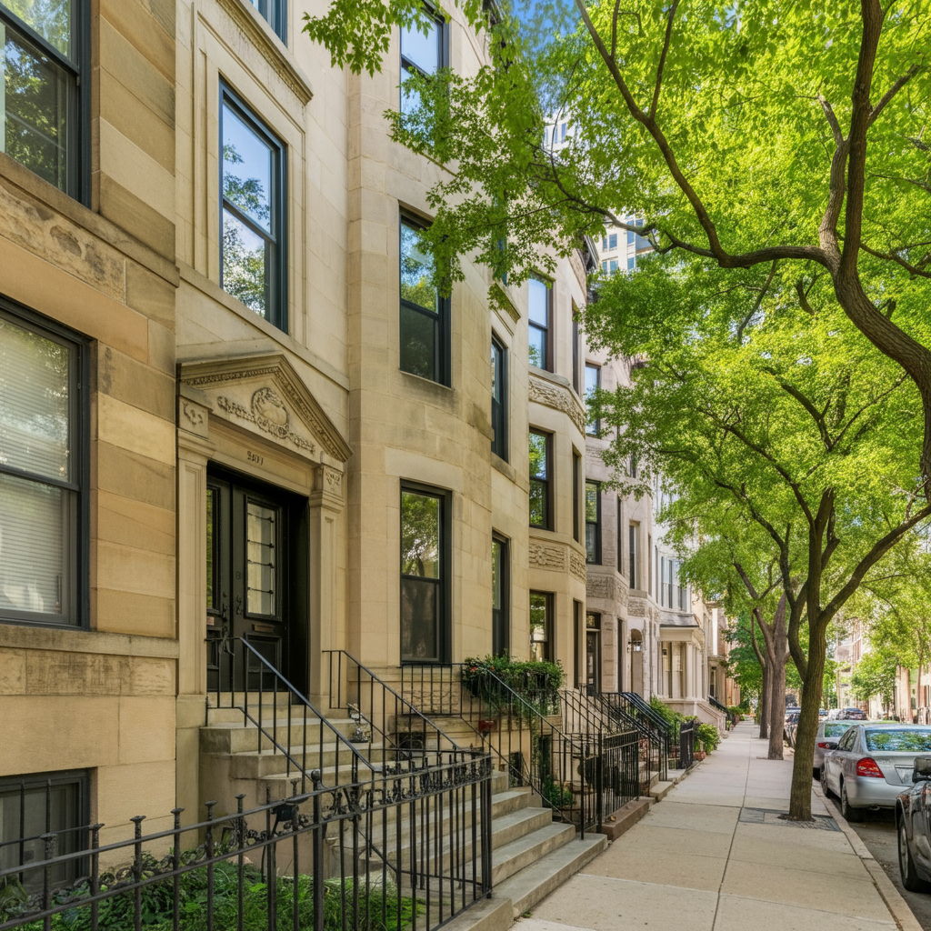 A tree-lined Gold Coast street featuring a row of meticulously maintained 19th-century row houses with ornate stone facades, bay windows, and decorative ironwork. The architectural uniformity and historic preservation create a distinctive streetscape that commands premium offers from buyers seeking authentic Chicago heritage.