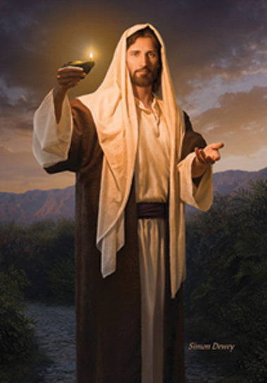Jesus holding a glowing lamp and motioning for the viewer to follow Him. HIs expression is gentle.