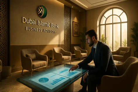 Businessman in a suit interacting with charts and graphs on a large touchscreen table in a modern Dubai Islamic Bank business advisory office.
