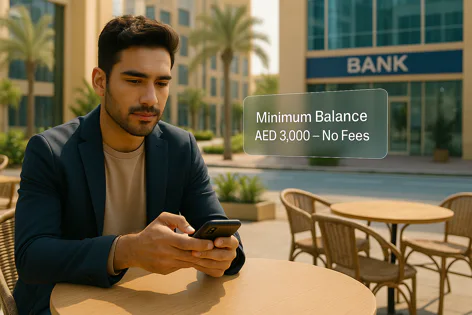 Young man sitting at an outdoor table using his smartphone, with a bank building visible in the background and a text overlay showing "Minimum Balance AED 3,000 – No Fees".
