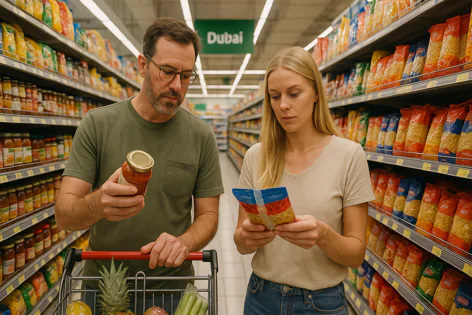 A man and woman examine products in a supermarket aisle. The man holds a jar, the woman a small bag, with shelves of groceries and a cart.