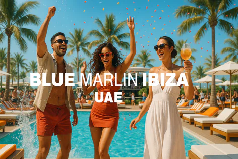 Three friends celebrate with confetti by the pool at a vibrant beach club, enjoying a sunny day surrounded by palm trees and happy people.