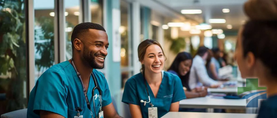 A diverse team of healthcare professionals collaborating in a modern hospital setting.