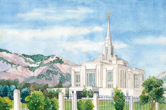Painting of the Ogden Temple and grounds on a clear day.