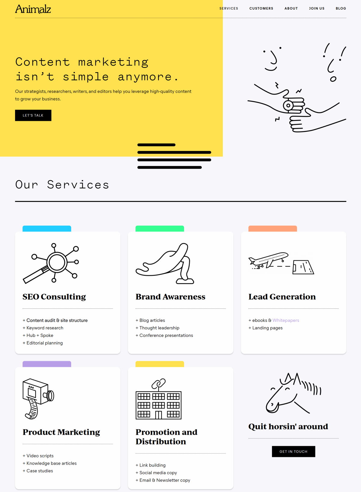 Screenshot of Animalz , from the service page design examples collection.
