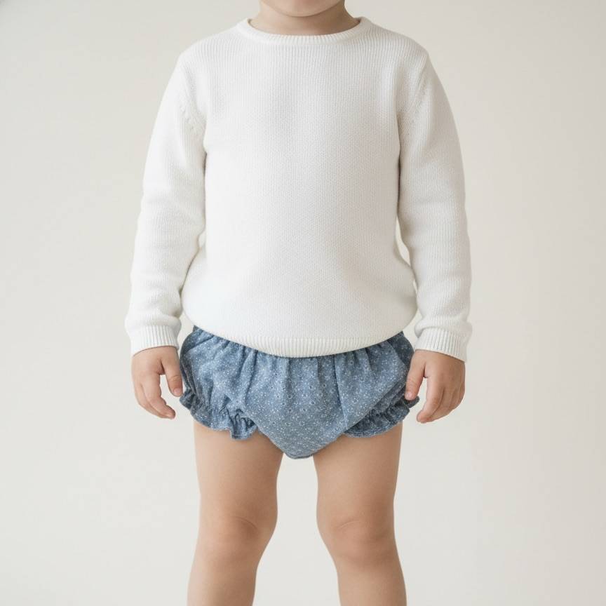 Bloomer broderie anglais bébé blanc en coton certifié OEKO-TEX, confortable et stylé, parfait sur une couche ou avec des collants, fabriqué au Portugal