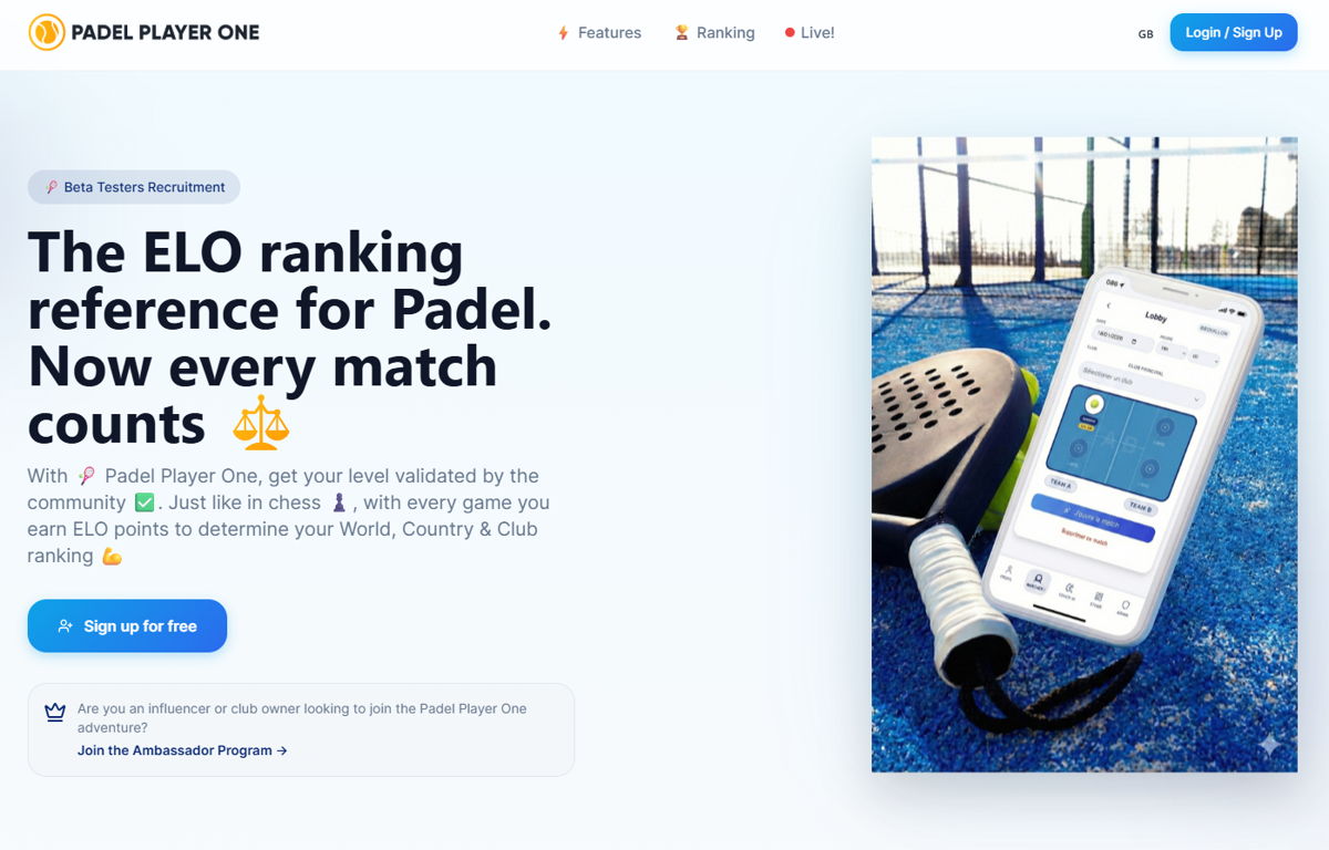 Screenshot of Padel Player One, from the lovable websites collection.
