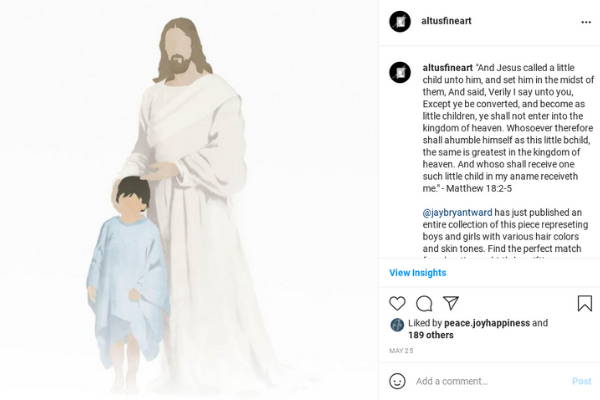 Instagram post featuring a minimalist painting of Jesus and a little child.