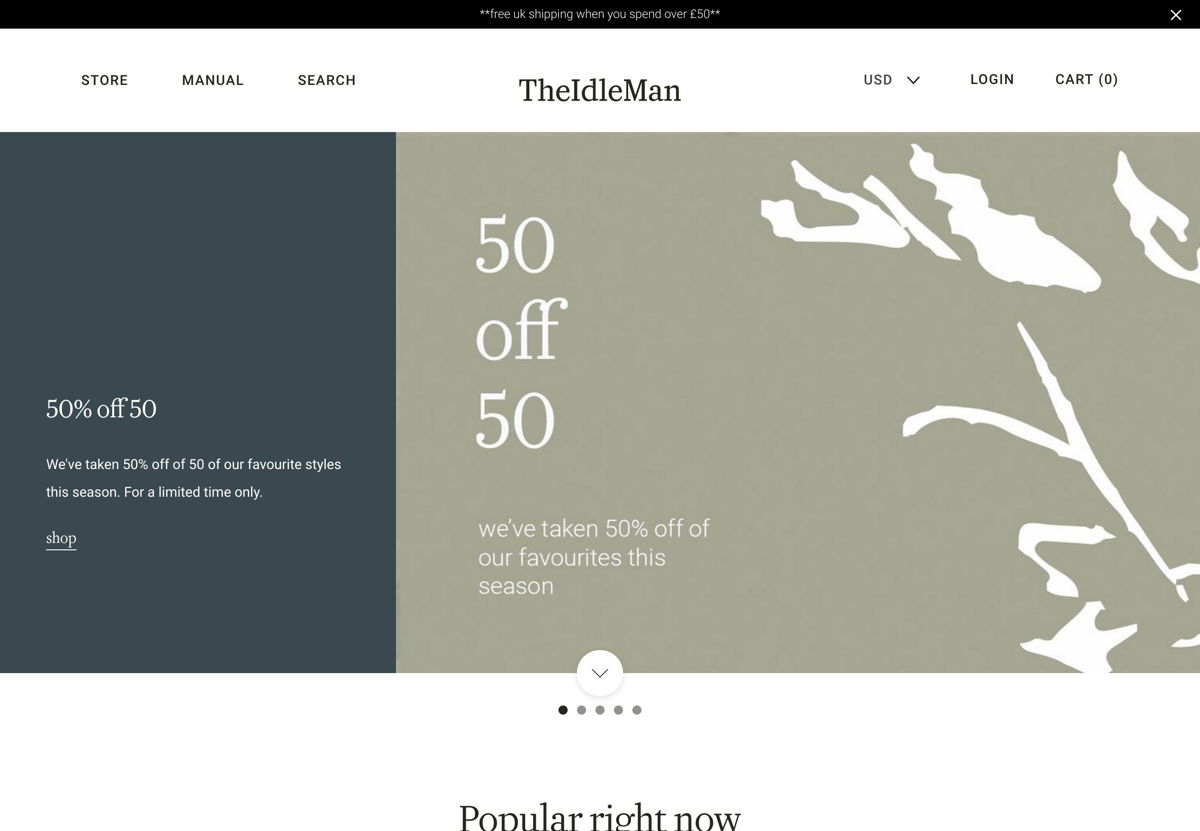 Screenshot of The Idle Man, from the ecommerce websites collection.