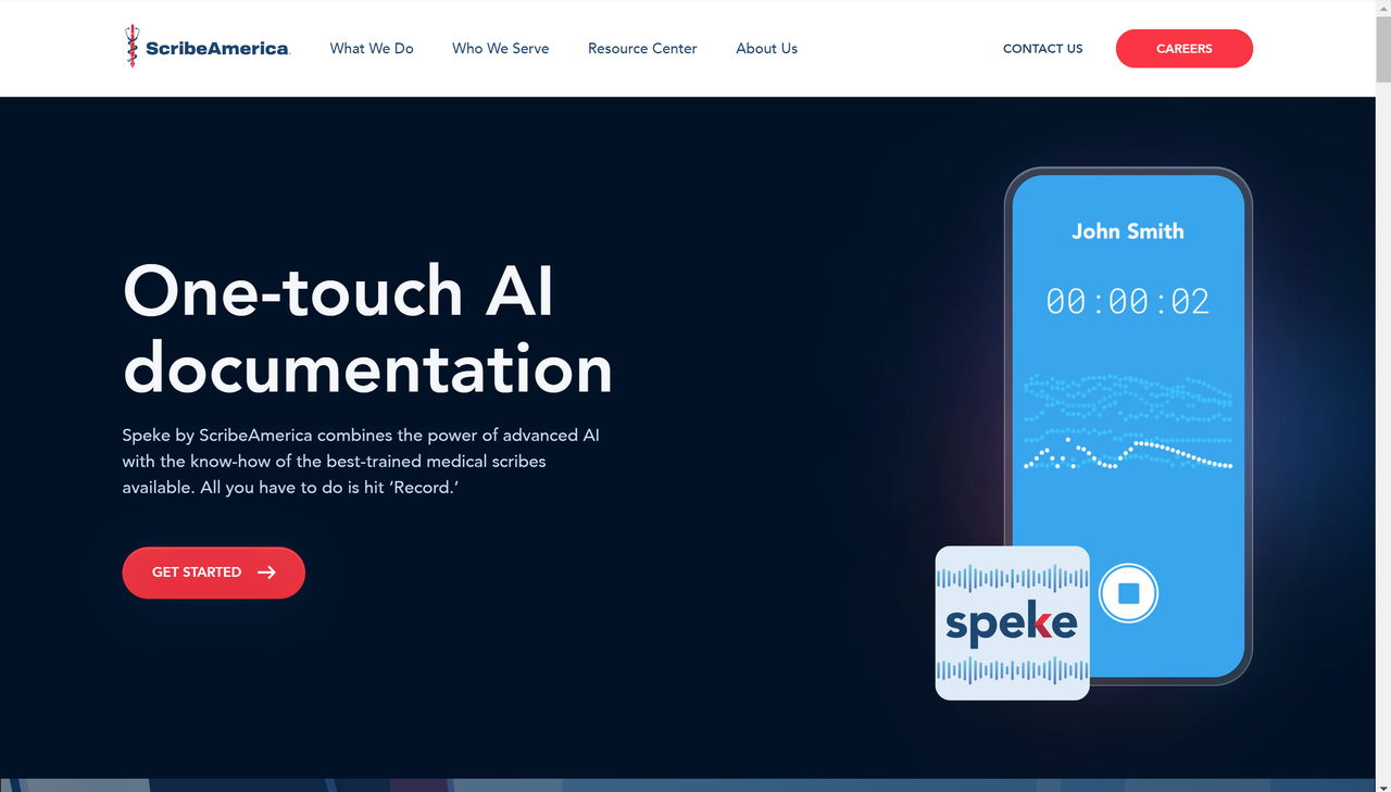 Screenshot of Speke's website landing page, an AI scribe