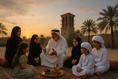 An older man in white traditional clothing talks to a family of children and women in black attire, sitting on a rug outdoors at sunset near a wind tower, with dates and drinks.