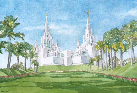 Painting of a grassy walkway leading up to the San Diego Temple.