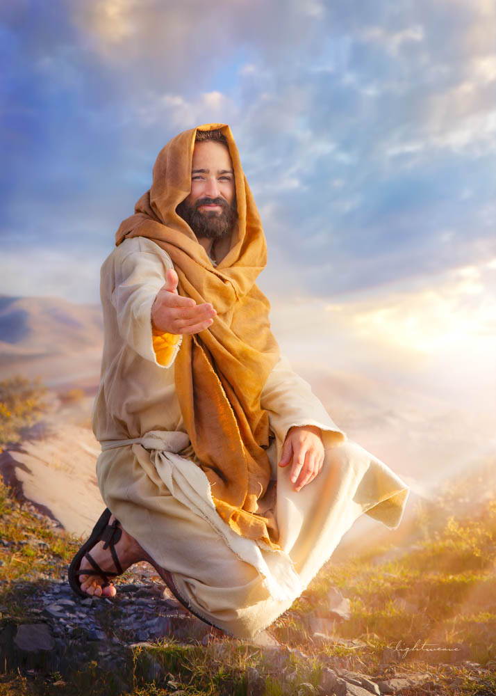 Picture of Jesus smiling and stretching out His hand. He has an  orange and white robe.