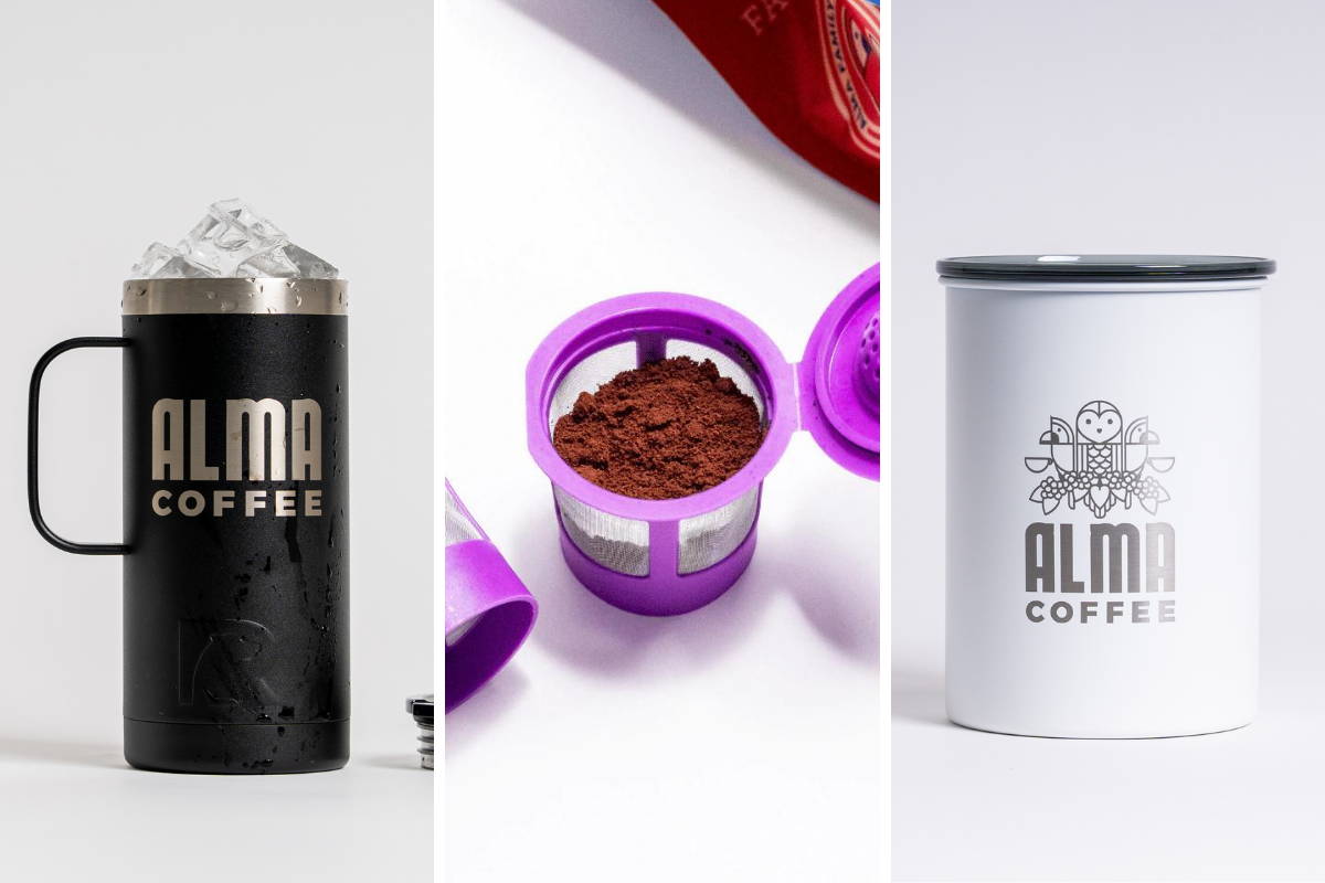 Three sustainable coffee merchandise items
