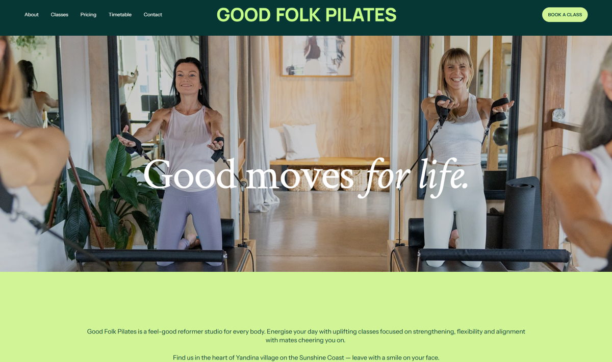 Screenshot of Good Folk Pilates, from the pilates websites collection.