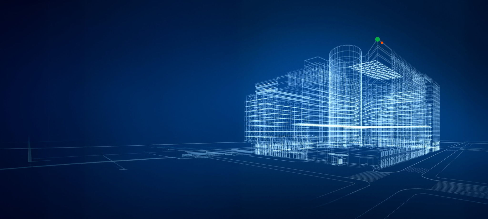 A digital blueprint-style rendering of a modern building complex on a dark blue background, with white wireframe lines and a green and red marker at the top corner of the tallest structure.
