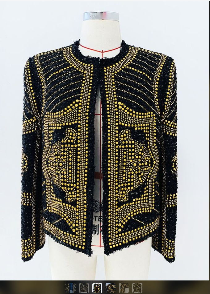 HIGH STREET Newest F/W 2022 Designer Fashion Women Stunning Metal Rivet Beaded Tweed Jacket - Image 3