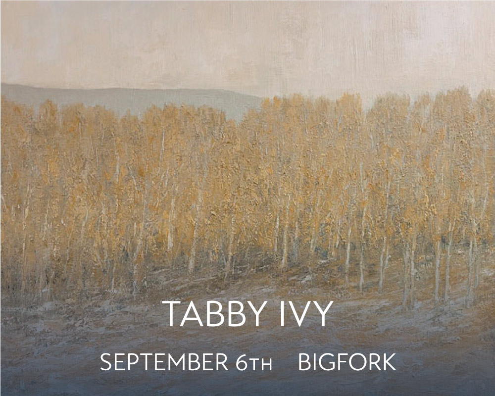 A soft tonalist landscape by Tabby Ivy featuring a forest of aspens in the fall with a dusting of snow in the foreground and the shadow of a mountain peeking above the tree line.