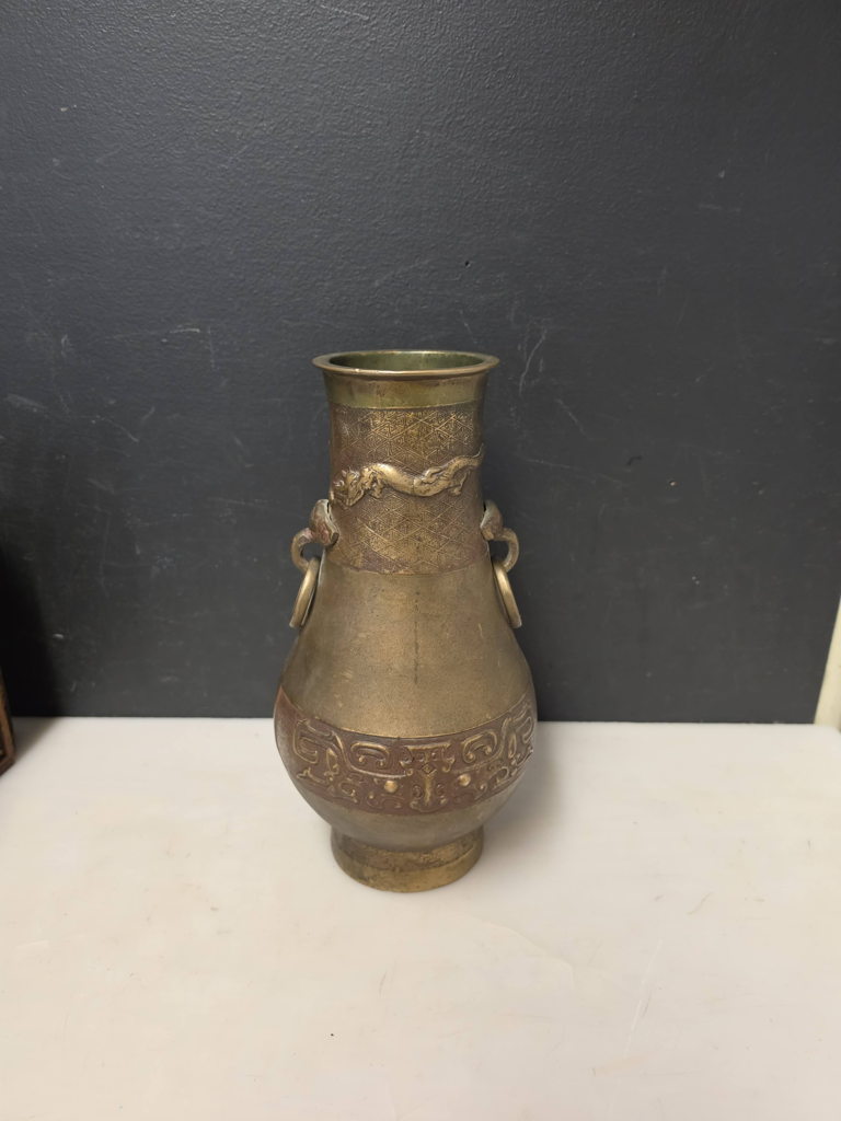 Chinese-Style Archaistic Brass Vase, Dragon & Ring Handles, 11