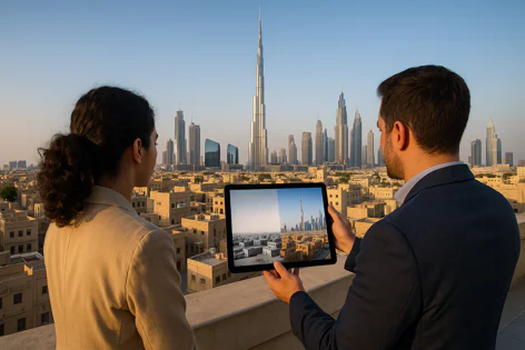 Man and woman stand on a rooftop overlooking the vast Dubai skyline featuring the tall Burj Khalifa, while one holds a tablet displaying an image of the same cityscape.
