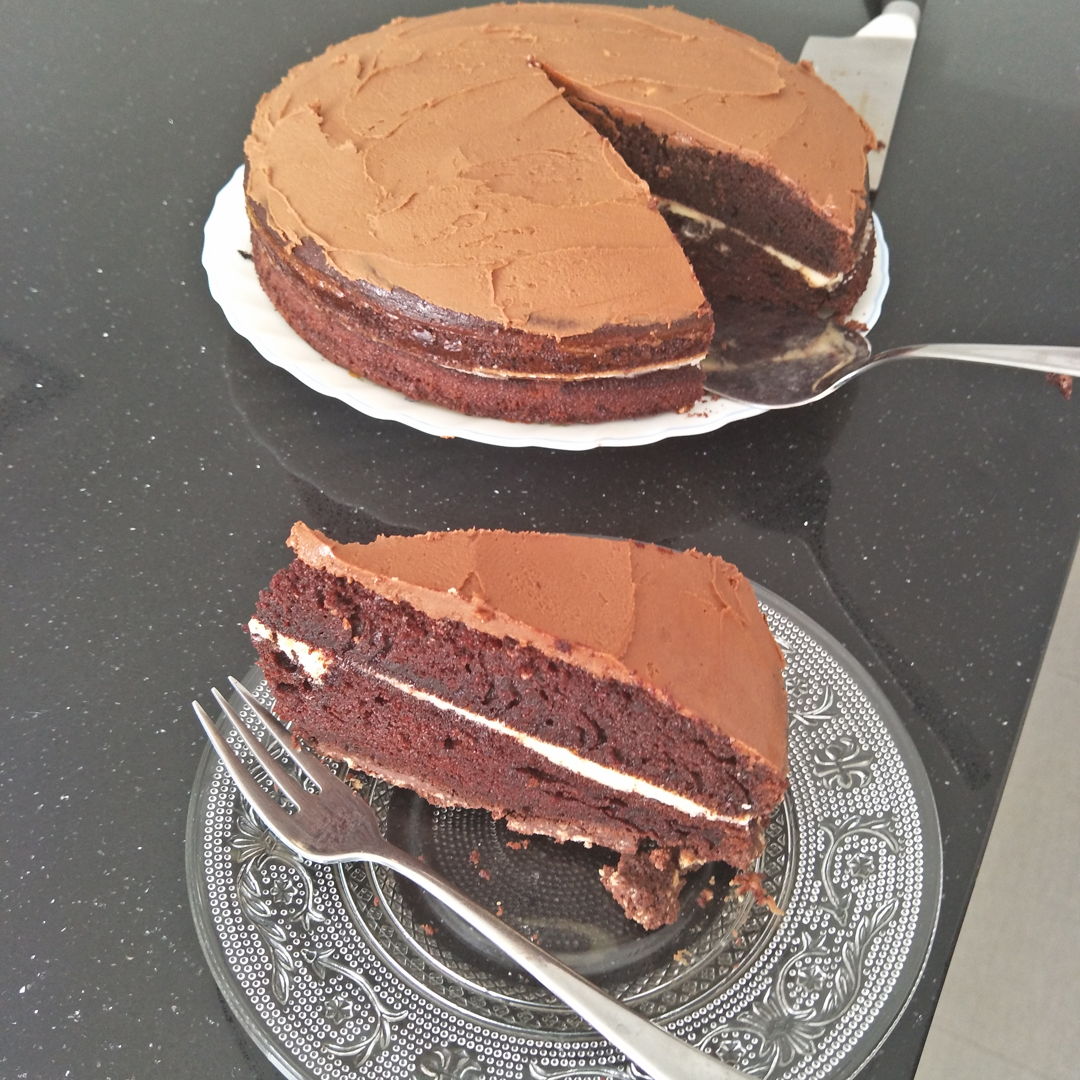 chocolate oil cake with vanilla buttercream filling and chocolate buttercream frosting for Pru's bday