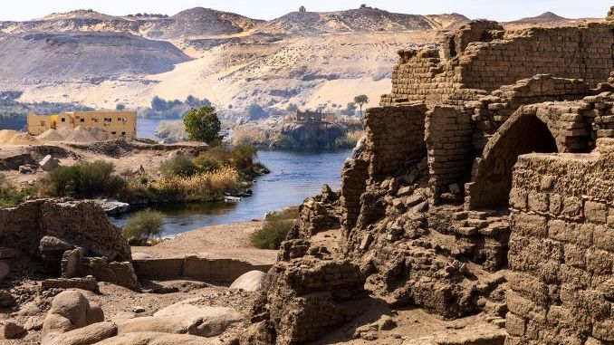 Aswan City Elephantine Island. Traditional Nubian Architecture. Aswan is located along the Nil River. Aswan, Egypt. Africa.
