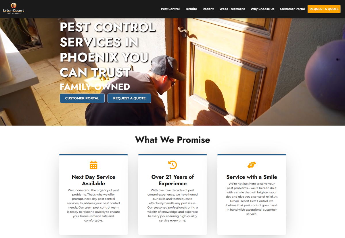 Screenshot of Urban Desert Pest Control, from the pest control websites collection.