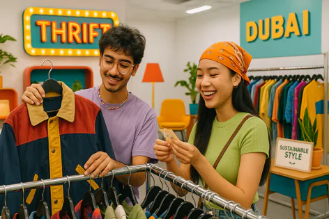 Two happy young people are shopping for pre-owned clothes in a brightly lit thrift store. The man holds up a colorful jacket as the woman smiles, looking at a label.