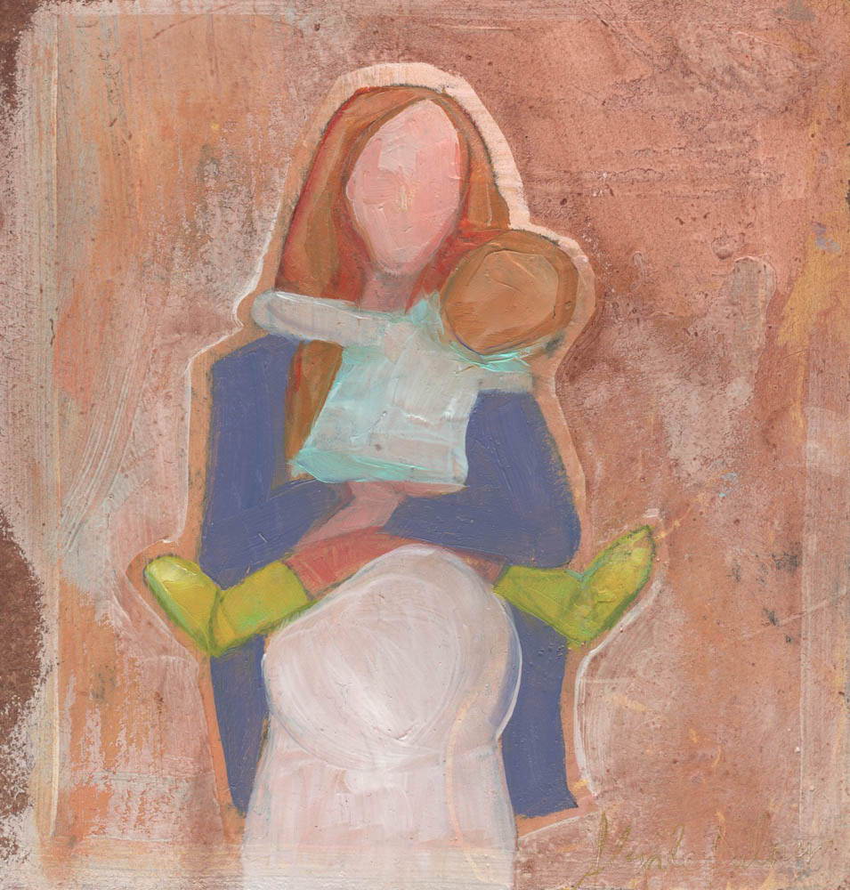 Painting of a pregnant mother holding her child.