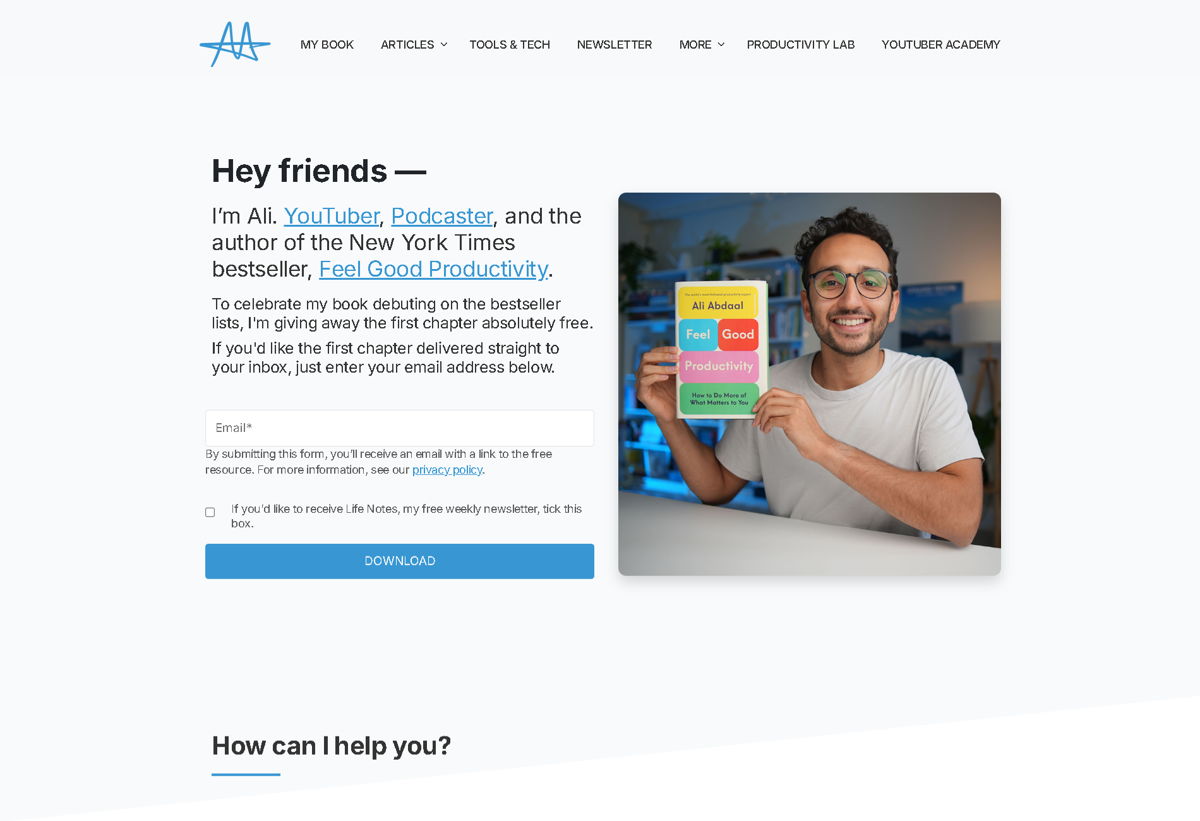 Screenshot of Ali Abdaal, from the blue websites collection.