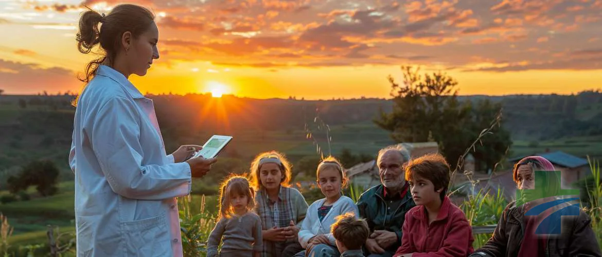 Healthcare professional demonstrating AR to rural residents at sunset