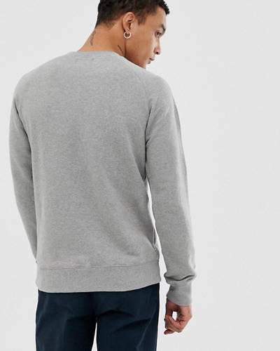 Back of man wearing grey organic cotton sweatshirt from nudie jeans