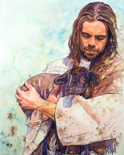 Painting of Jesus comforting a lamb.