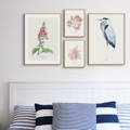 art print gallery wall above a bed in a coastal home