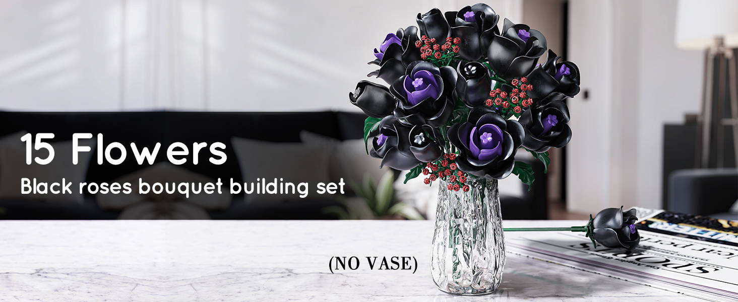 Flowers Bouquet Building Set - 15 Halloween Black Roses Botanical