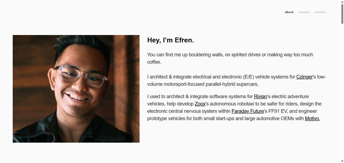 Screenshot of Efren Cabebe, from the engineer portfolios collection.