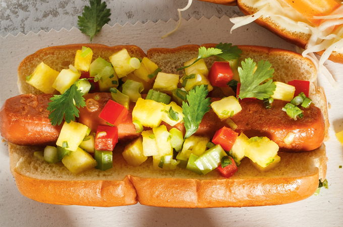 Hot Dogs with Pineapple and Red Pepper Salsa