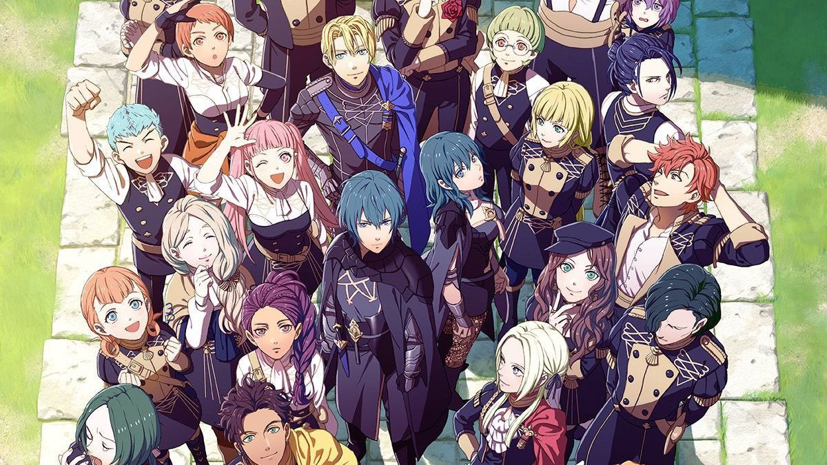 All the supporting characters are surrounding the two main characters. All are smiling looking at the camera and have bright colored hair.