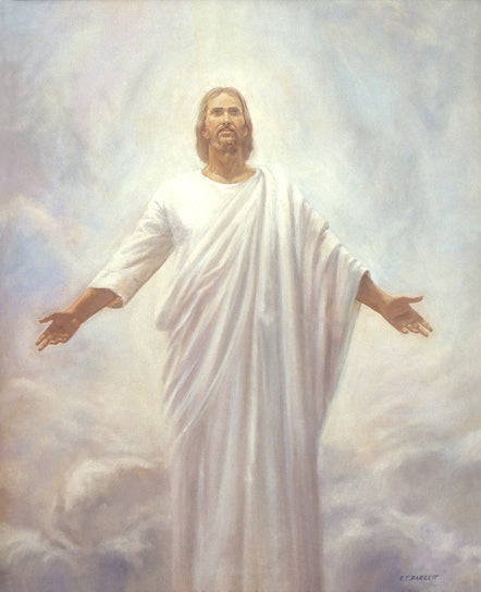 Classic painting of Jesus, in a pure white robe, ascending to Heaven. The entire background is clouds and light. 