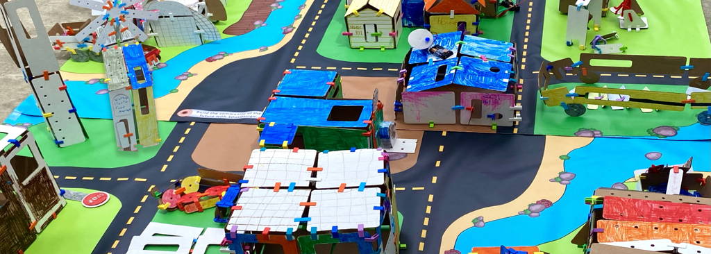 colorful cardboard model city using 3duxdesign shapes and connectors