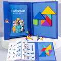 The Montessori Magnetic Tangram Book with different animals on the front page and colorful puzzles placed around it. 